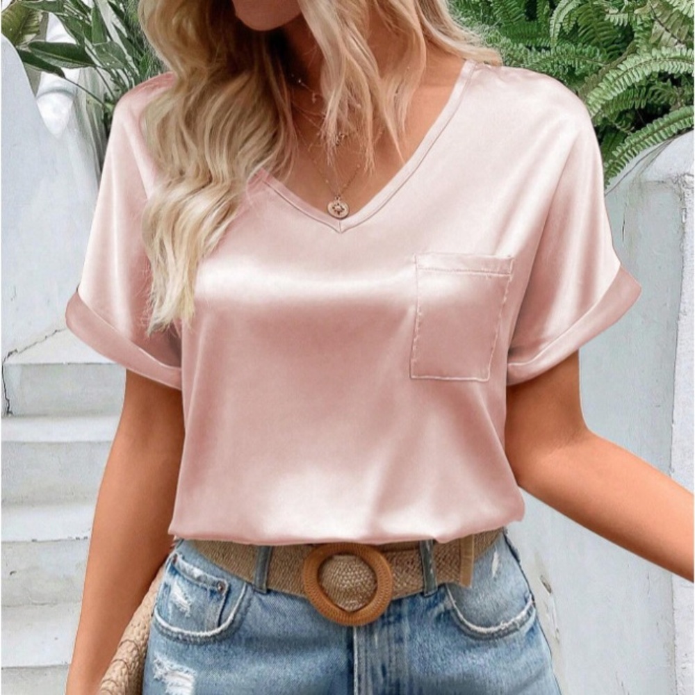 Elegant Pink Satin V-Neck Top